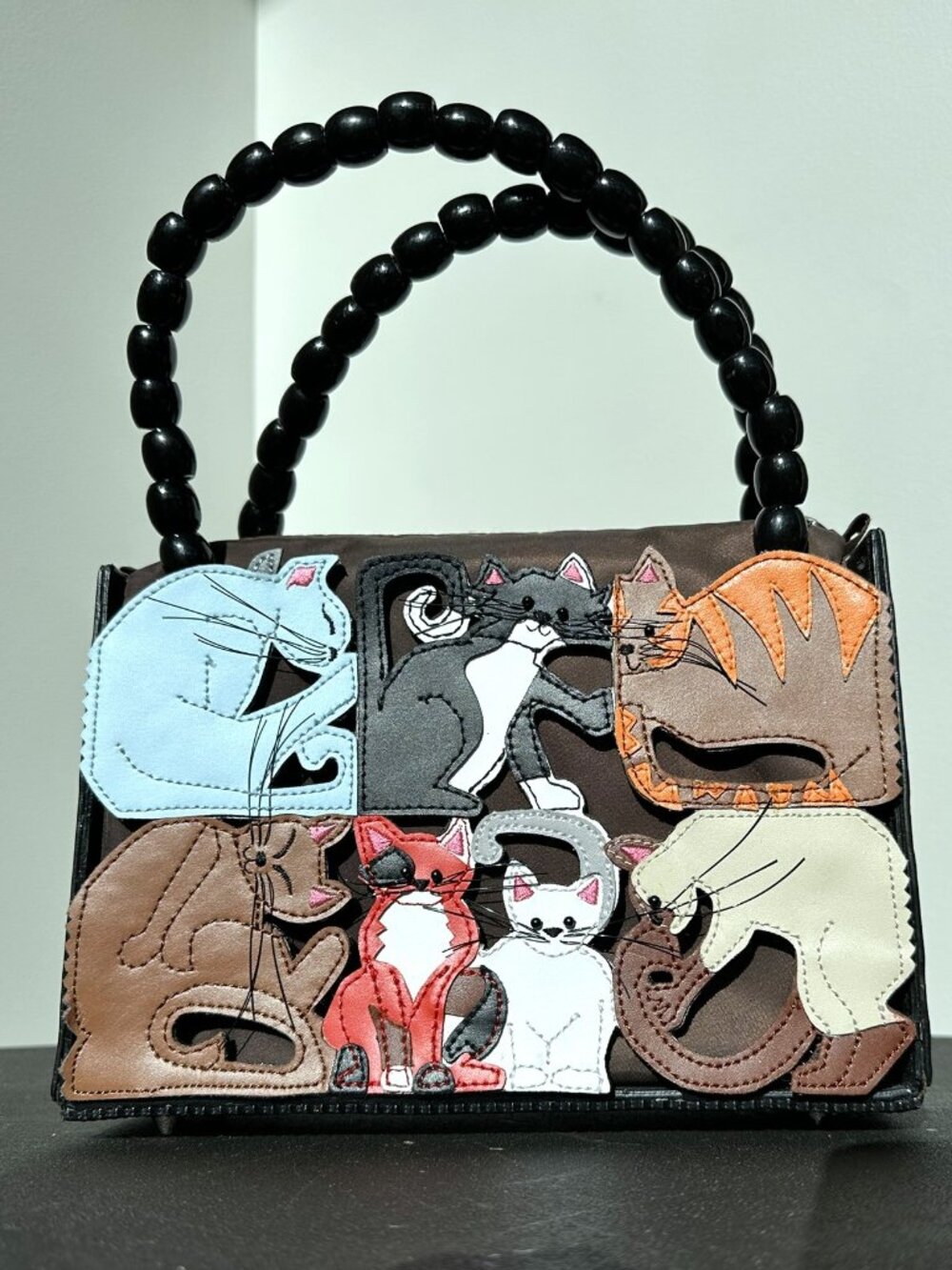 Michael Simon Multi Cat Leather Applique Handbag Beaded Handles Novelty Purse